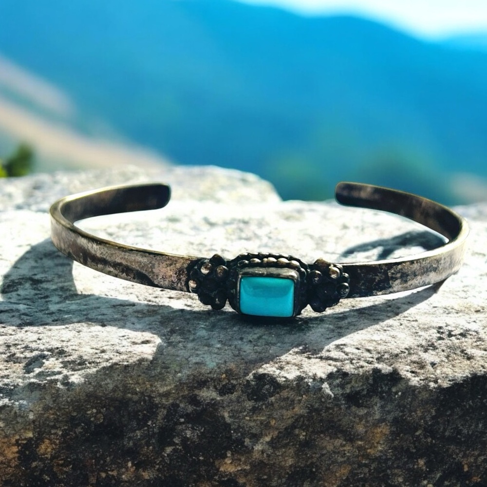 Vintage Sterling Silver & Square Blue Turquoise Cuff Bracelet NA